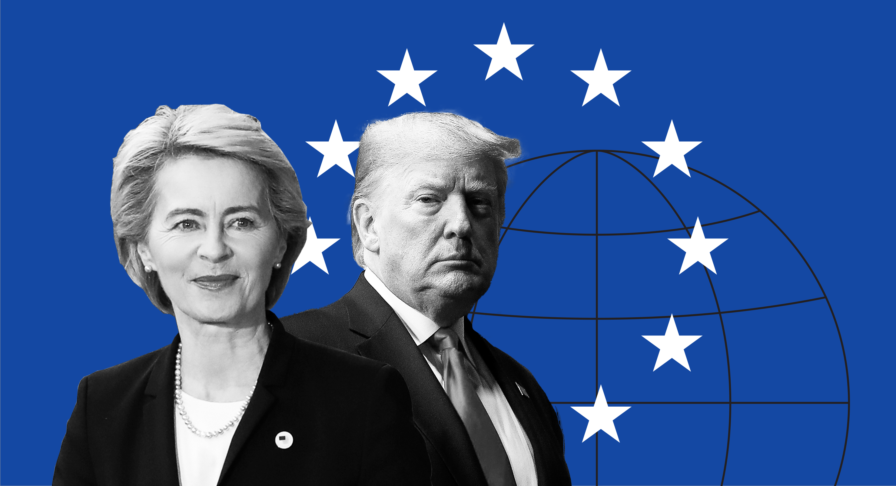 Von der Leyen and Trump on a blue background with a circle of white starts