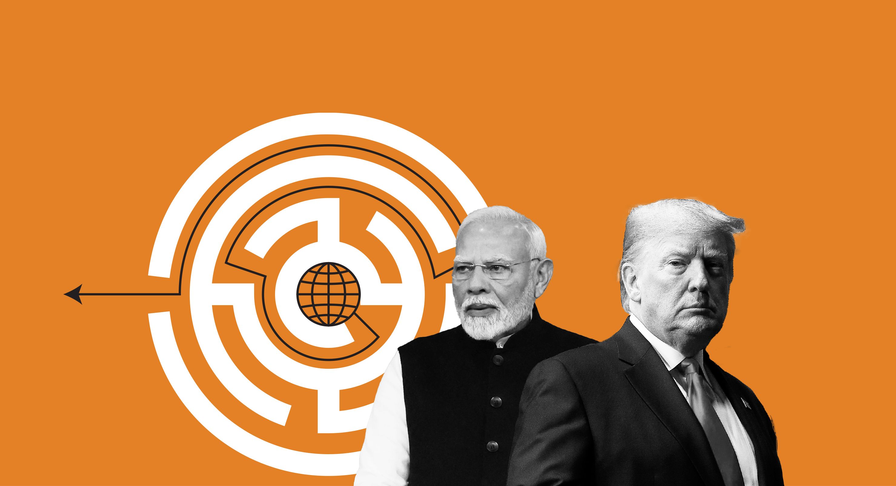 Modi and Trump on an orange background with a maze.