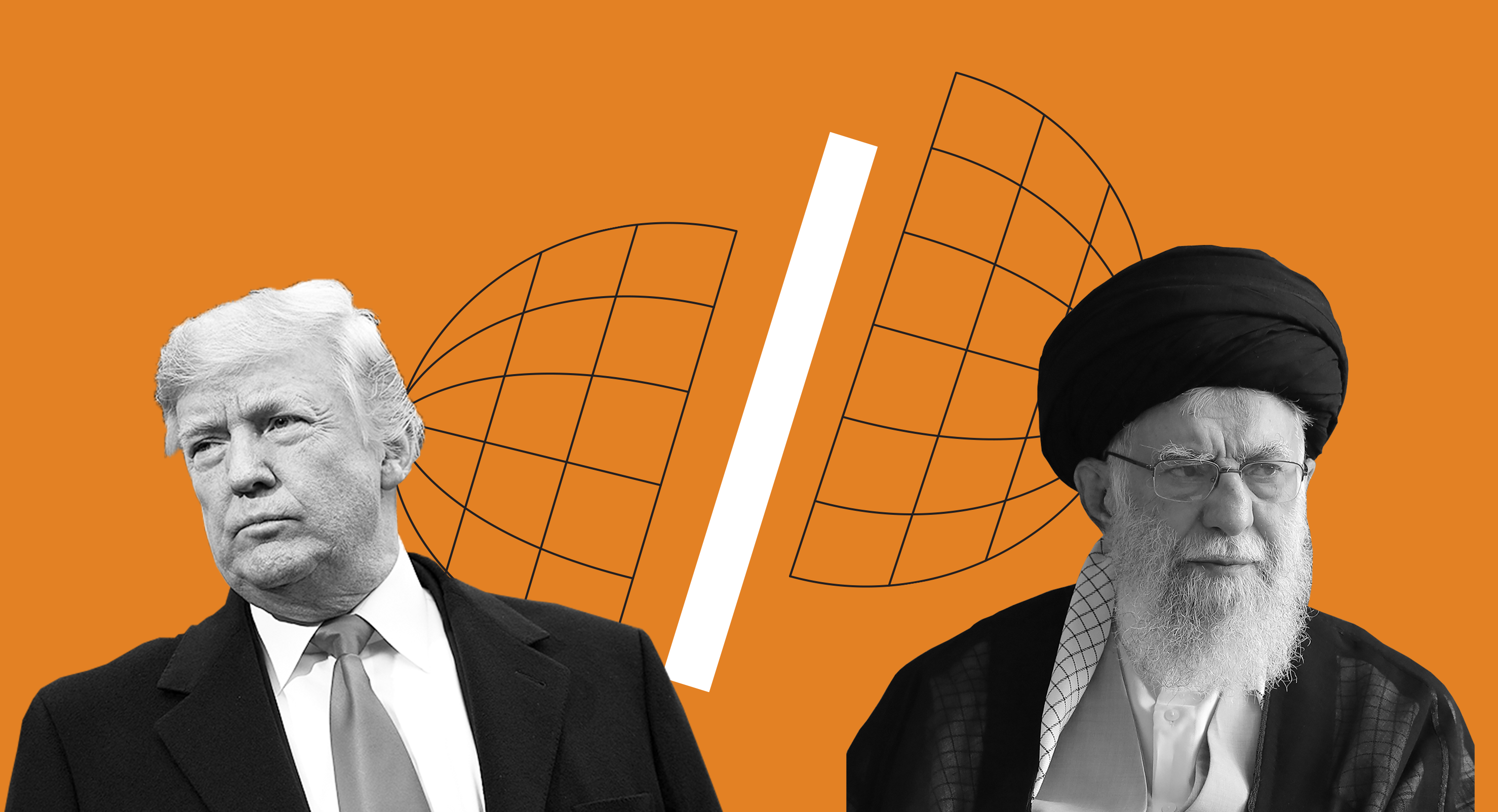 Trump and Khamenei on an orange background