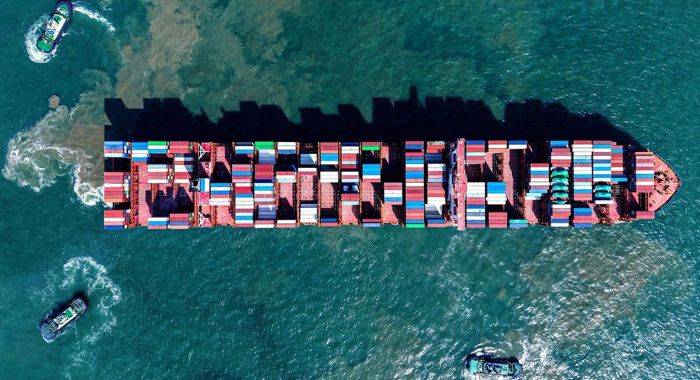 Aerial view of a container ship sailing