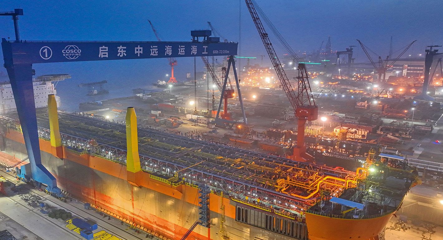 This aerial photo taken on April 17, 2023 shows a new floating production storage and offloading vessel under construction at a shipyard in Nantong, in China's eastern Jiangsu province.