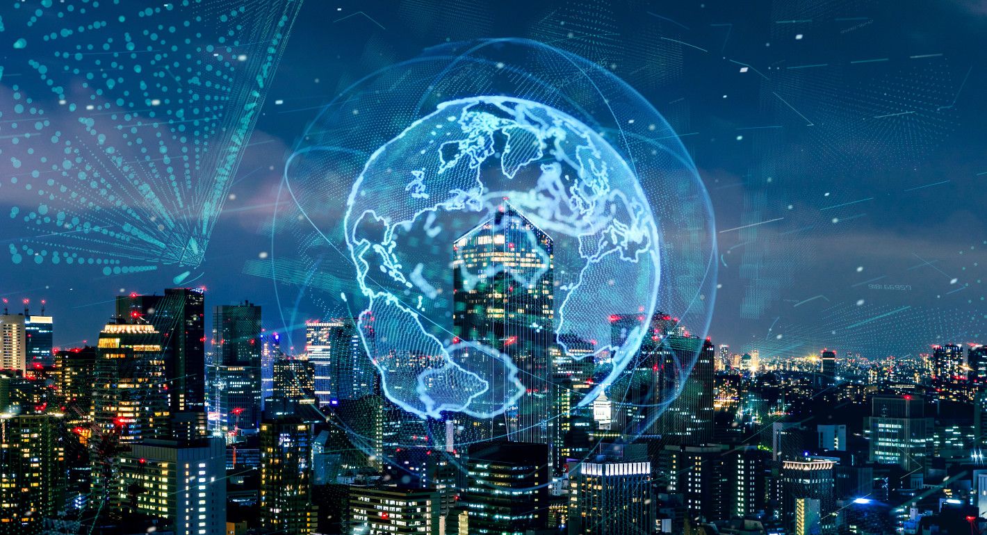 illustration of a digital globe overlaid on a city skyline