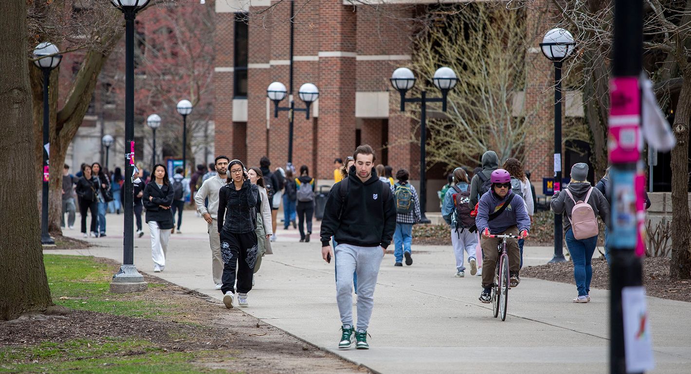University of Michigan students walk on the UM campus on April 3, 2025 in Ann Arbor, Michigan