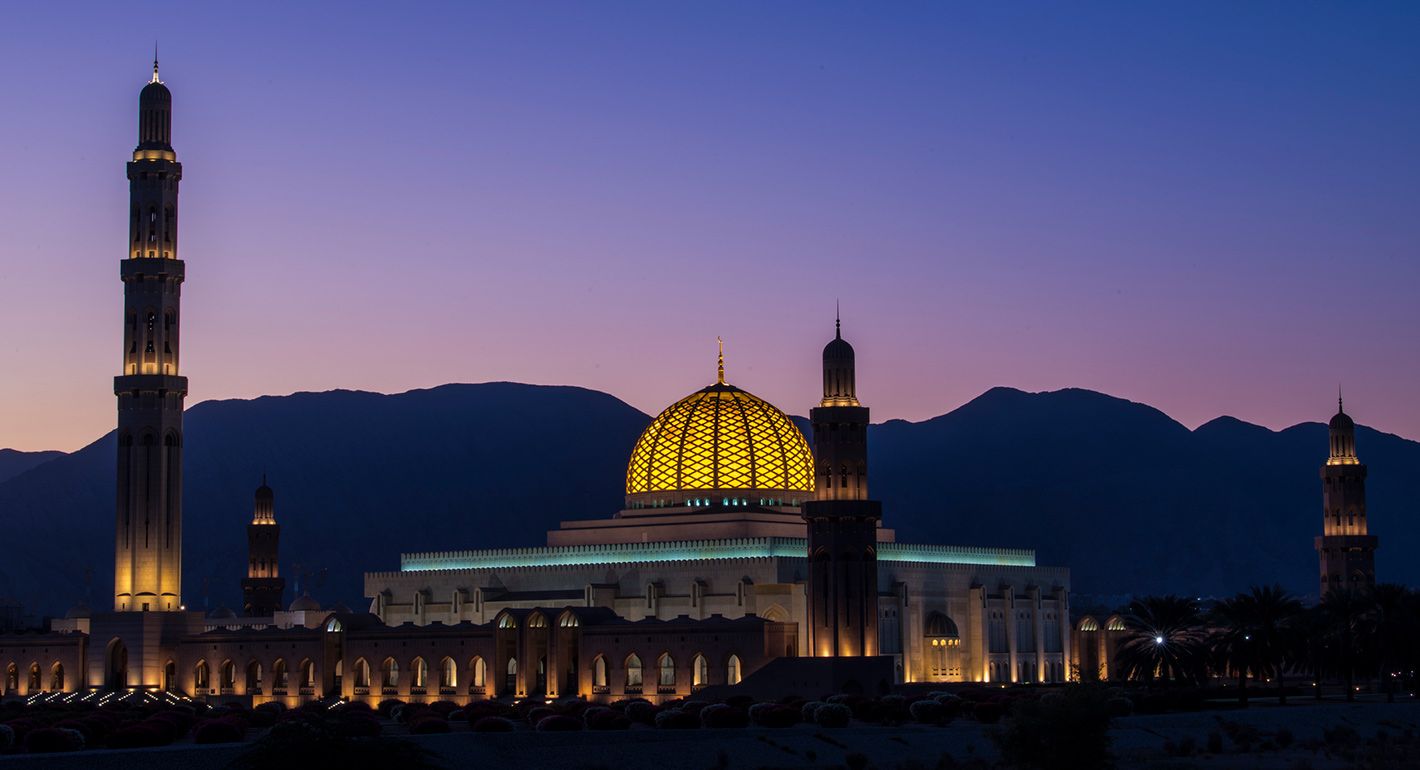 Night view on Sultan Qaboos grand mosque in Muscat, Oman