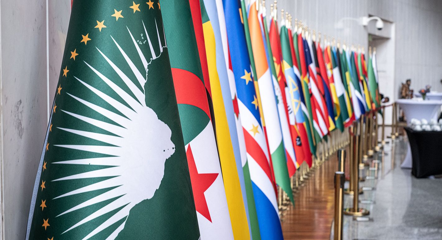 A general view of the flags of the AU's 55 member states inside the lobby of the AU headquarters ahead of the 38th African Union (AU) Summit, where leaders will elect a new head of the AU Commission, at the AU Headquarters in Addis Ababa on February 15, 2025.